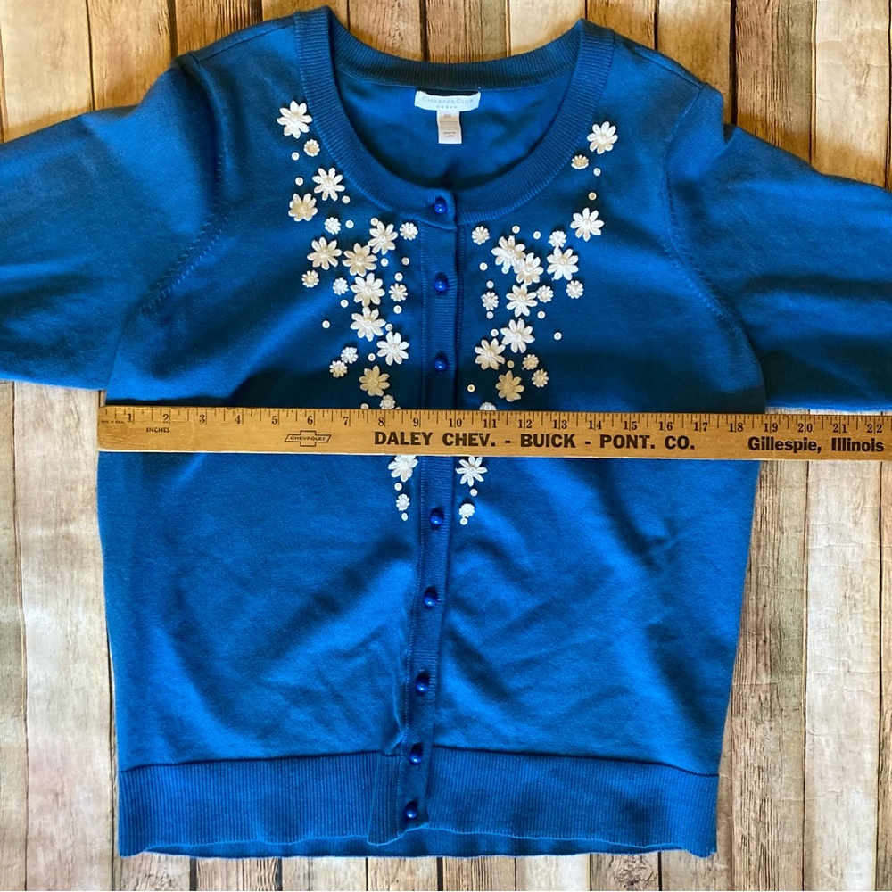 Charter Club Blue Solid White Floral Women's Sweater Cardigan size OX - Picture 5 of 8